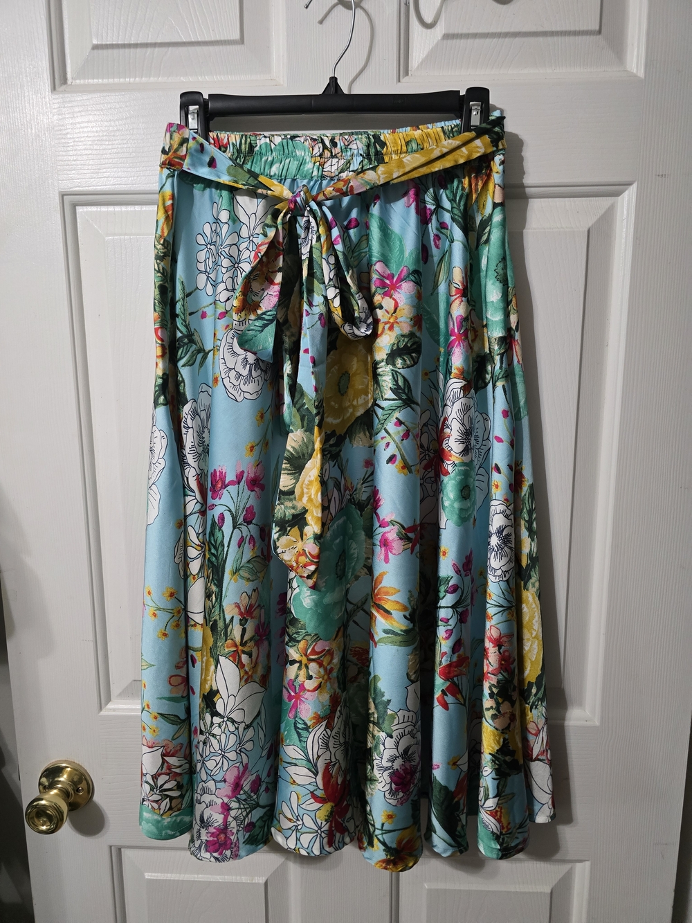 Floral Midi Skirt with Tie Waist - Aqua Floral